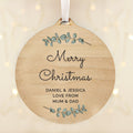 Personalised Botanical Round Wooden Decoration for Christmas