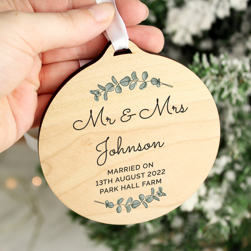 Personalised Botanical Round Wooden Decoration for Christmas