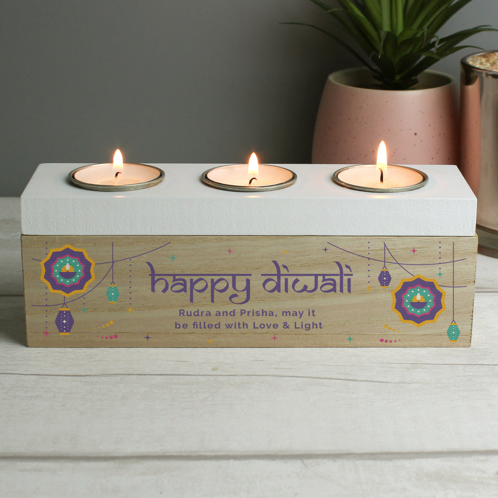 Personalised Diwali Triple Tealight Box | Candles & Reed Diffusers