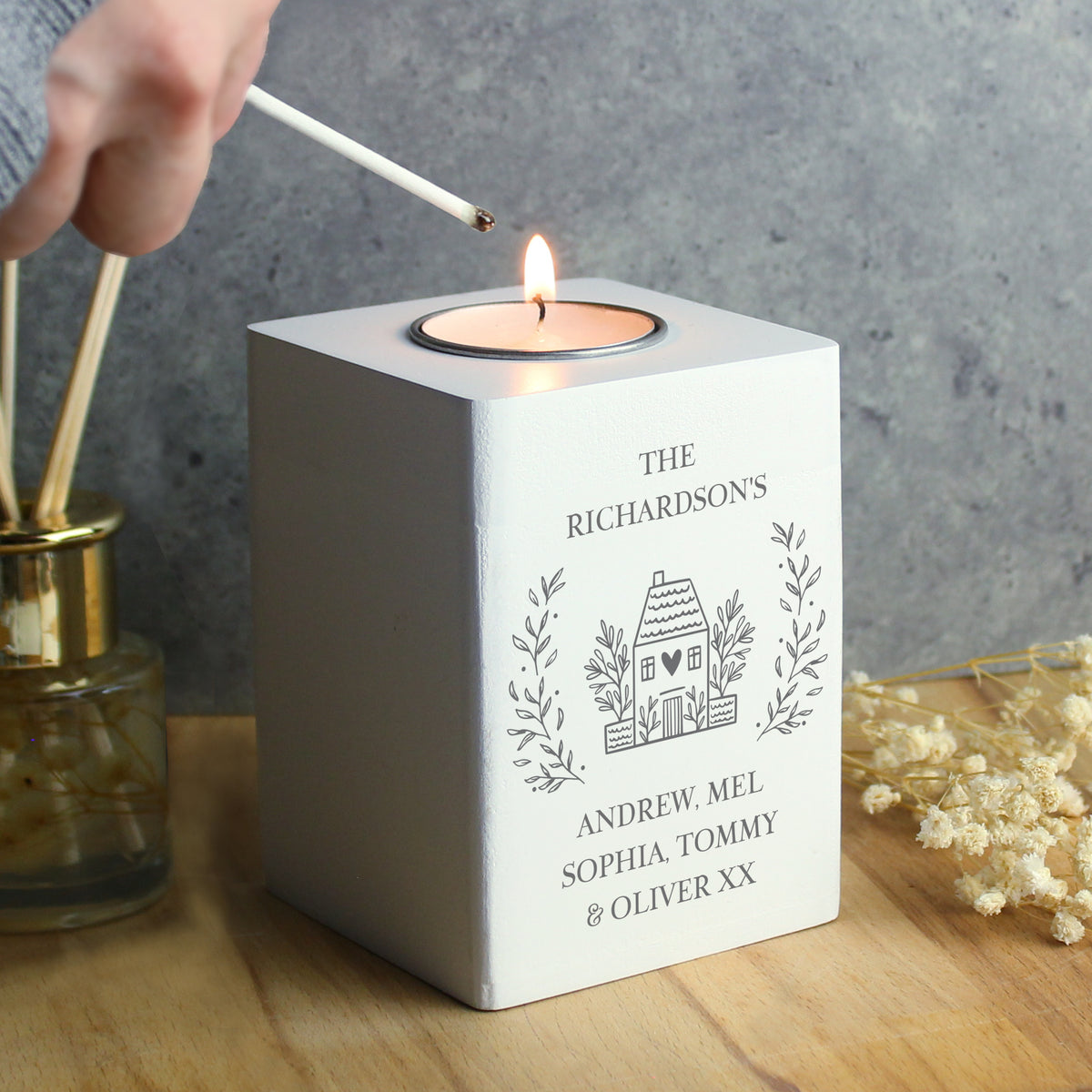 Personalised HOME Wooden Tealight Holder | Candles & Reed Diffusers | Inspired Creative Gifts