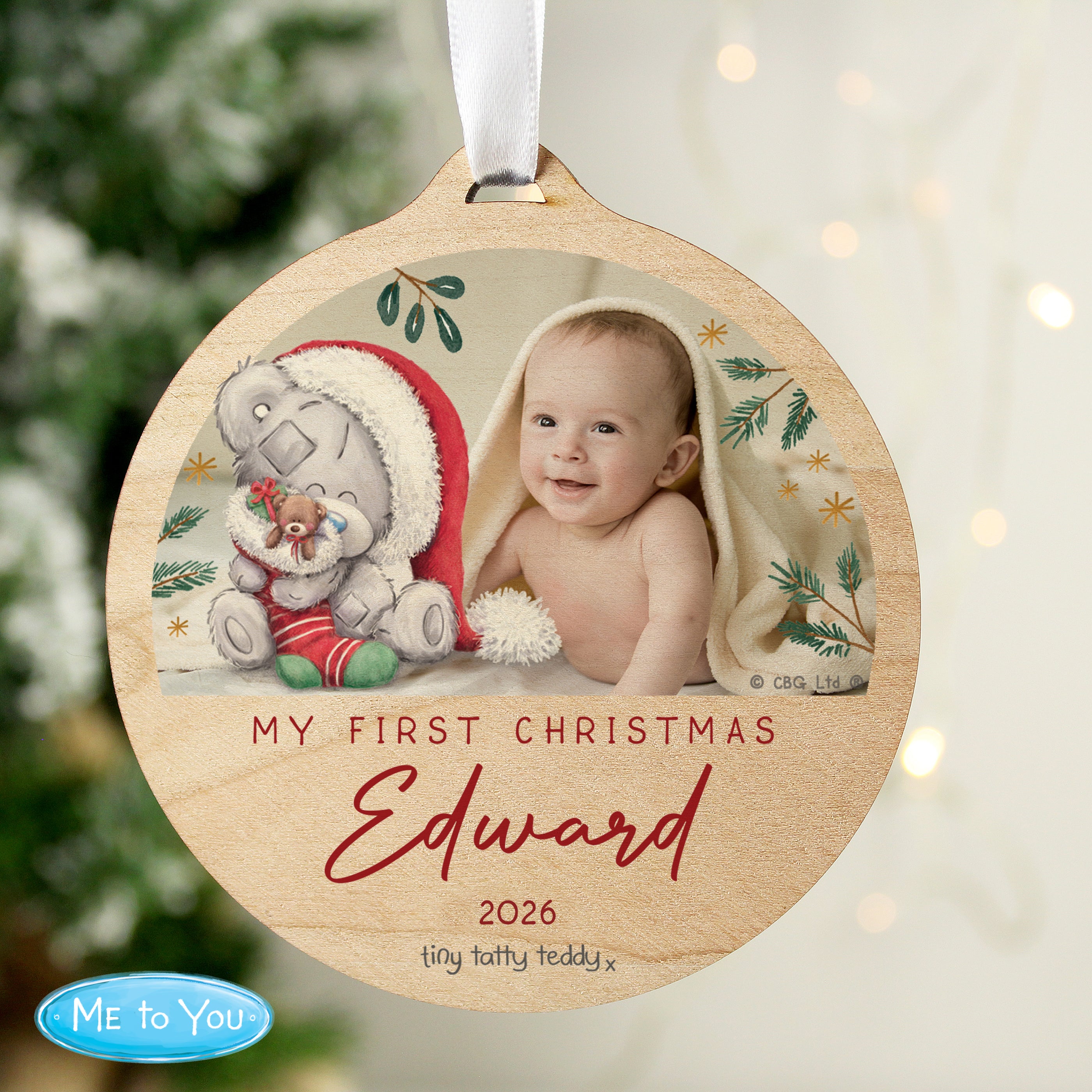 Personalised First Christmas Tiny Tatty Teddy Photo Upload Round Wooden Decoration |  | Inspired Creative Gifts