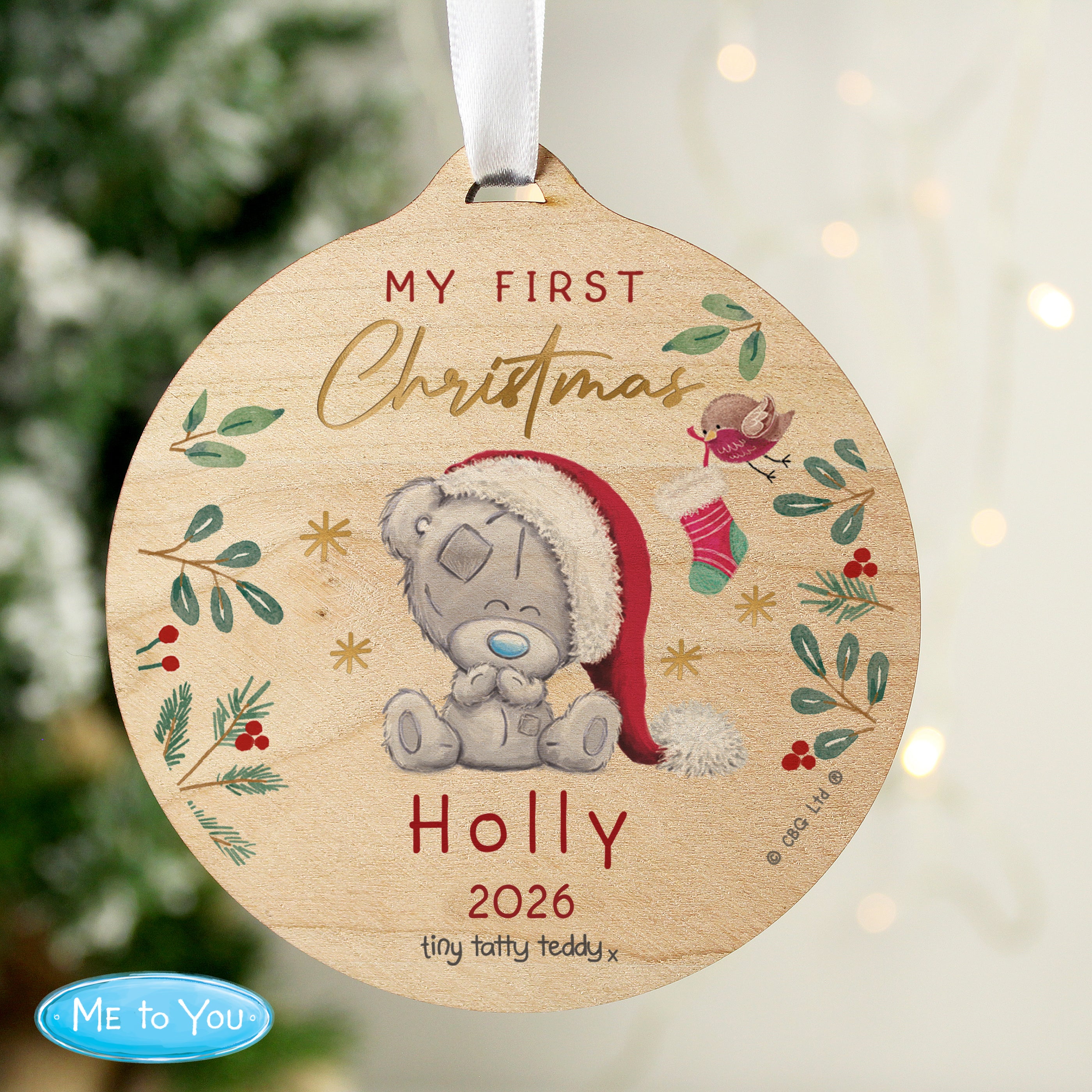 Personalised First Christmas Tiny Tatty Teddy Round Wooden Decoration |  | Inspired Creative Gifts