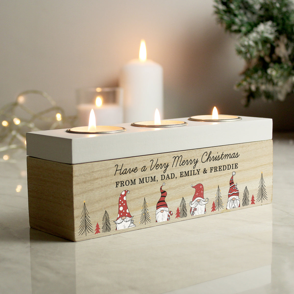 Personalised Gonk Christmas Triple Tea Light Box for Christmas