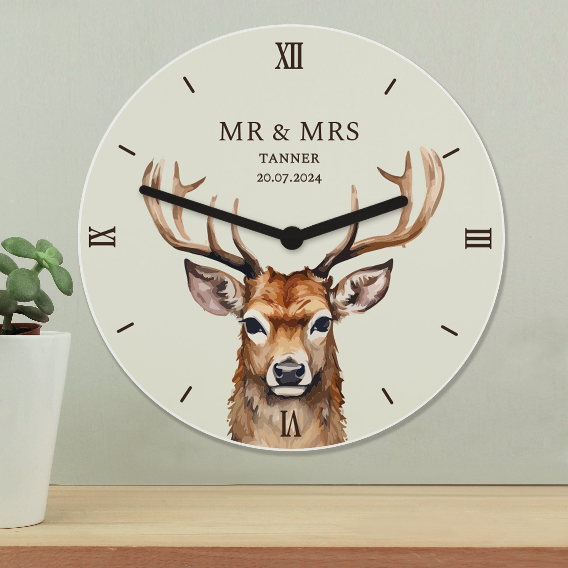 Personalised Watercolour Stag Wooden Clock - Wall Clock - Inspired Creative Gifts