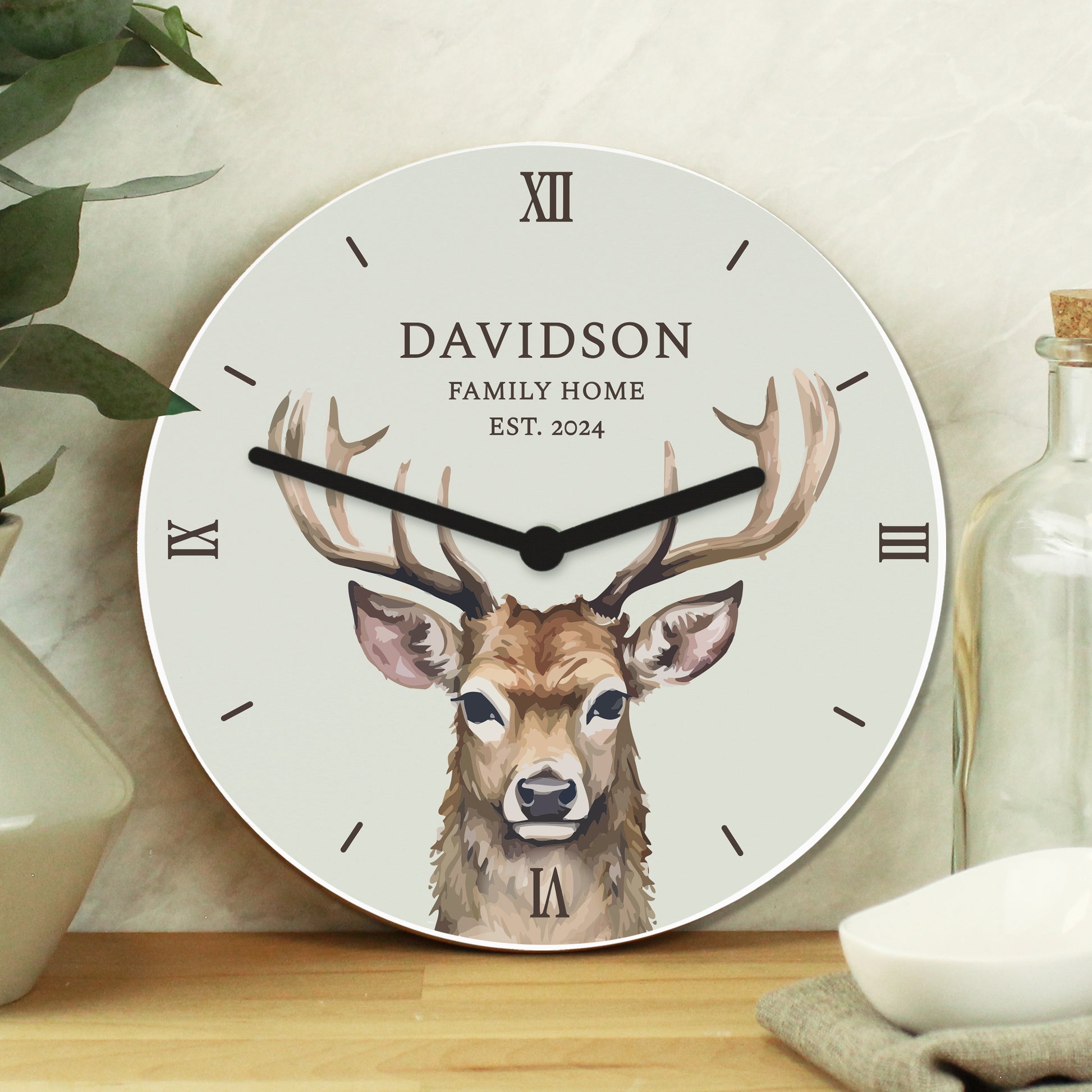Personalised Watercolour Stag Wooden Clock - Wall Clock - Inspired Creative Gifts