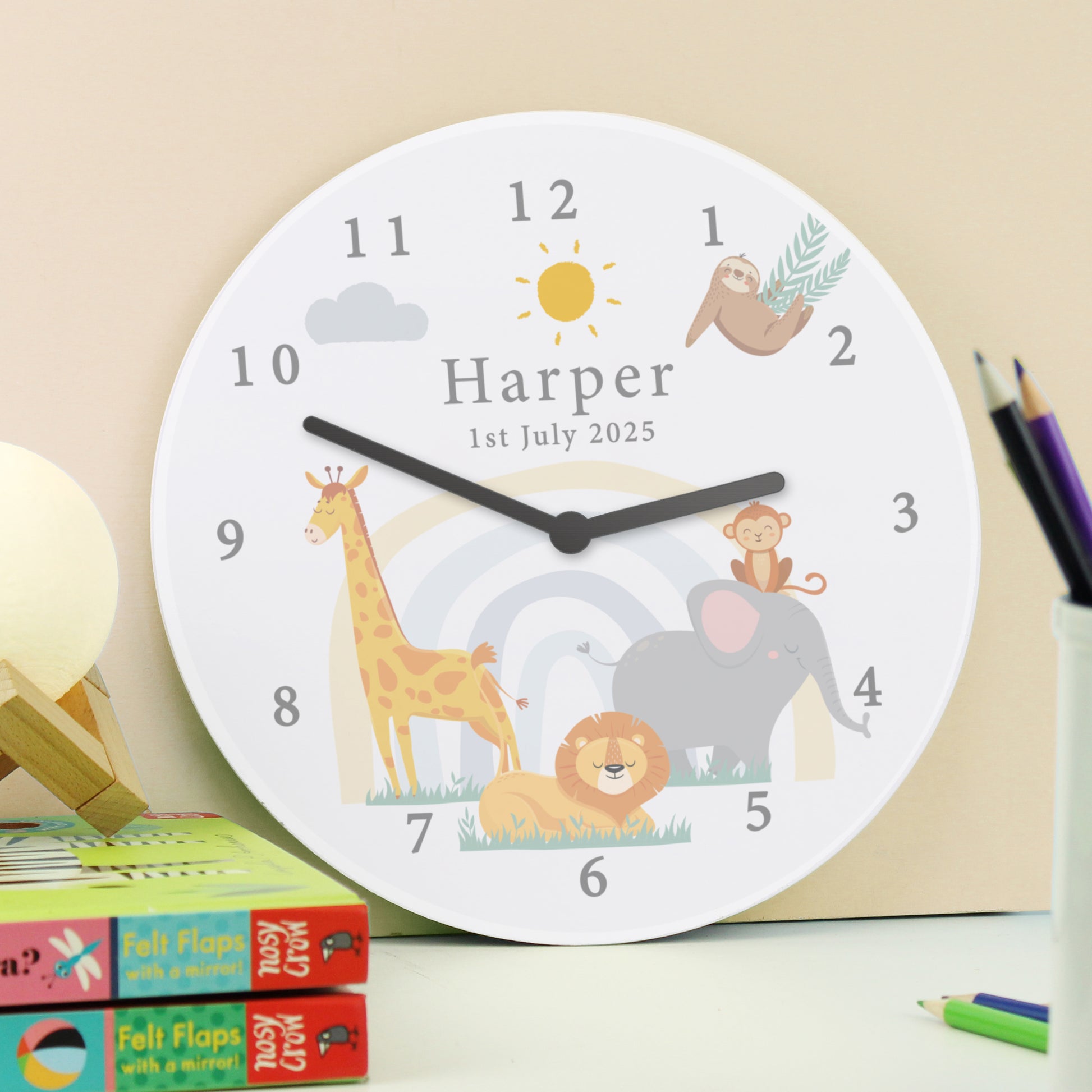 Personalised Safari Animals Wooden Nursery Clock - Wall Clock - Inspired Creative Gifts
