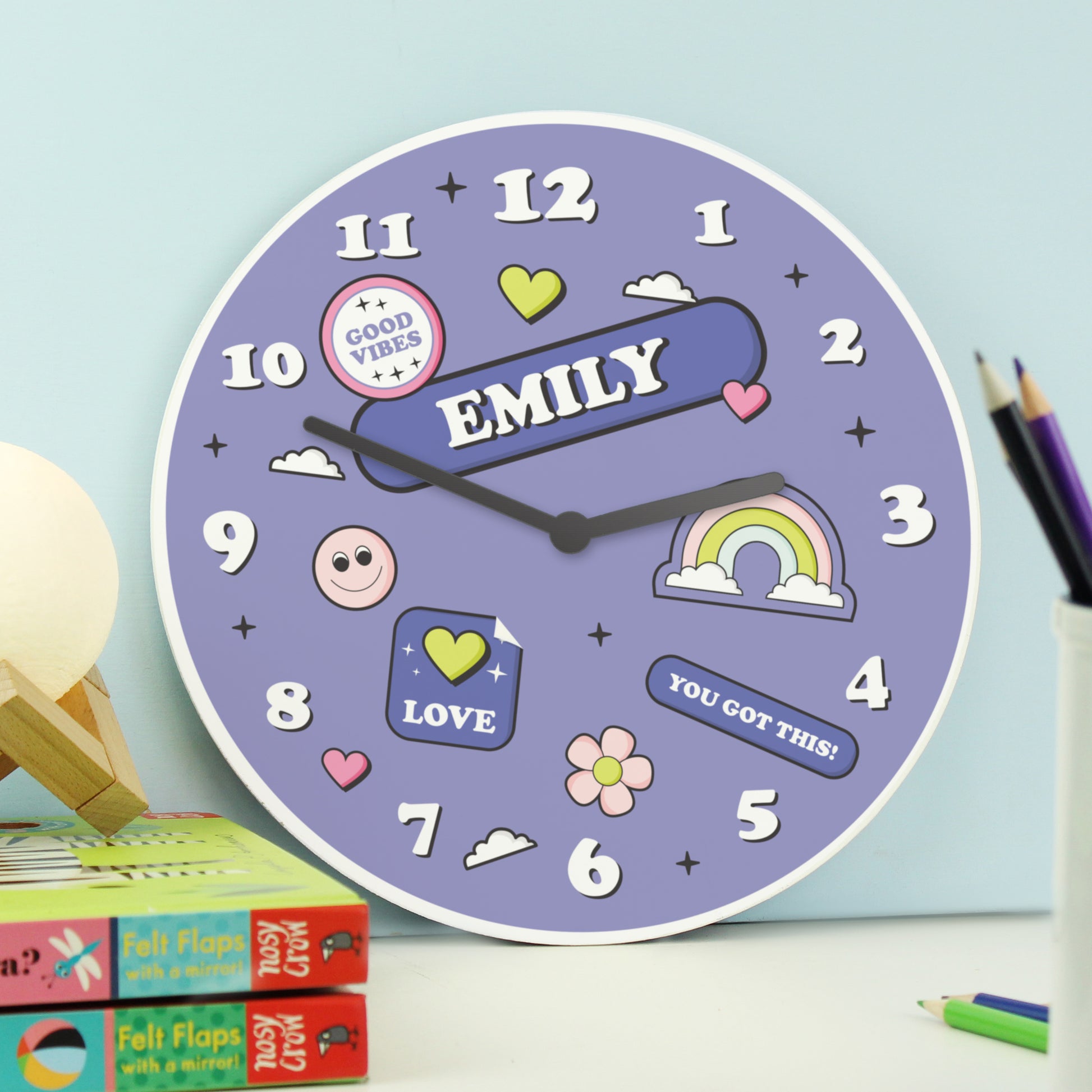 Personalised Positive Vibes Wooden Childrens Clock - Wall Clock - Inspired Creative Gifts
