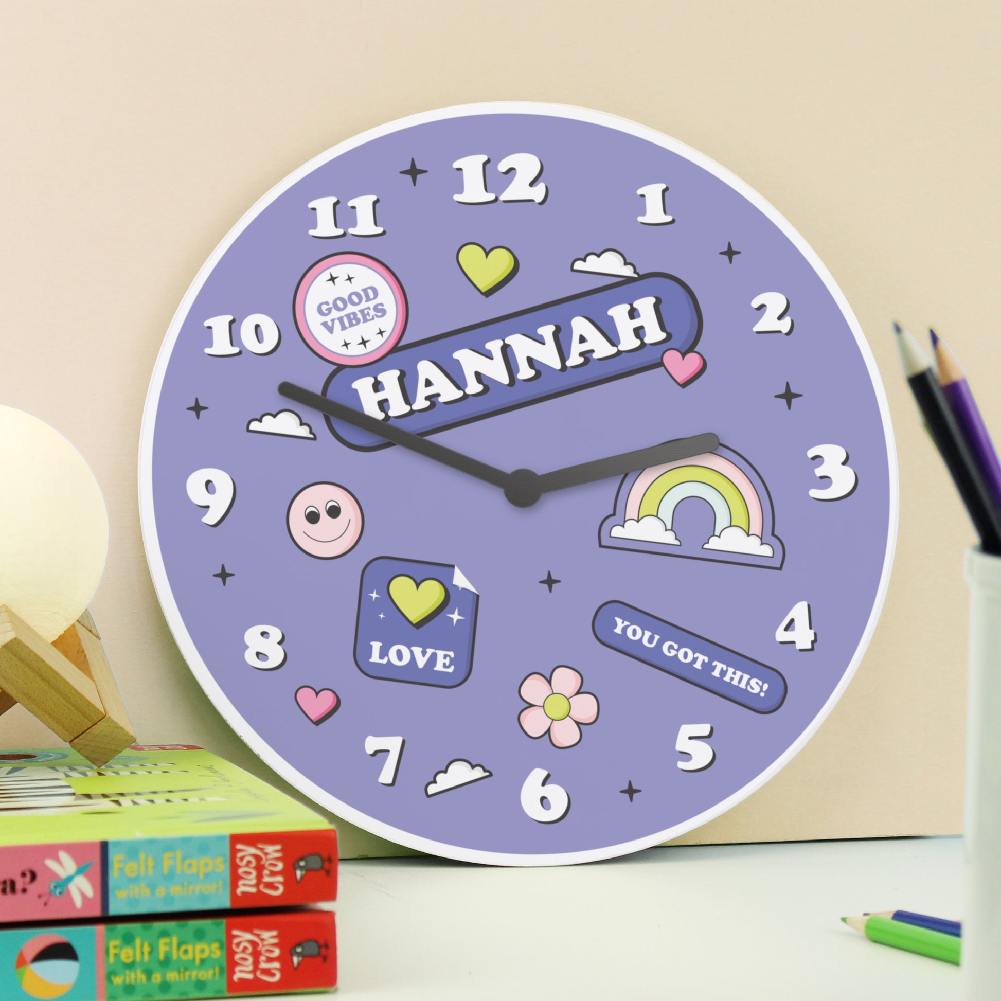 Personalised Positive Vibes Wooden Childrens Clock - Wall Clock - Inspired Creative Gifts
