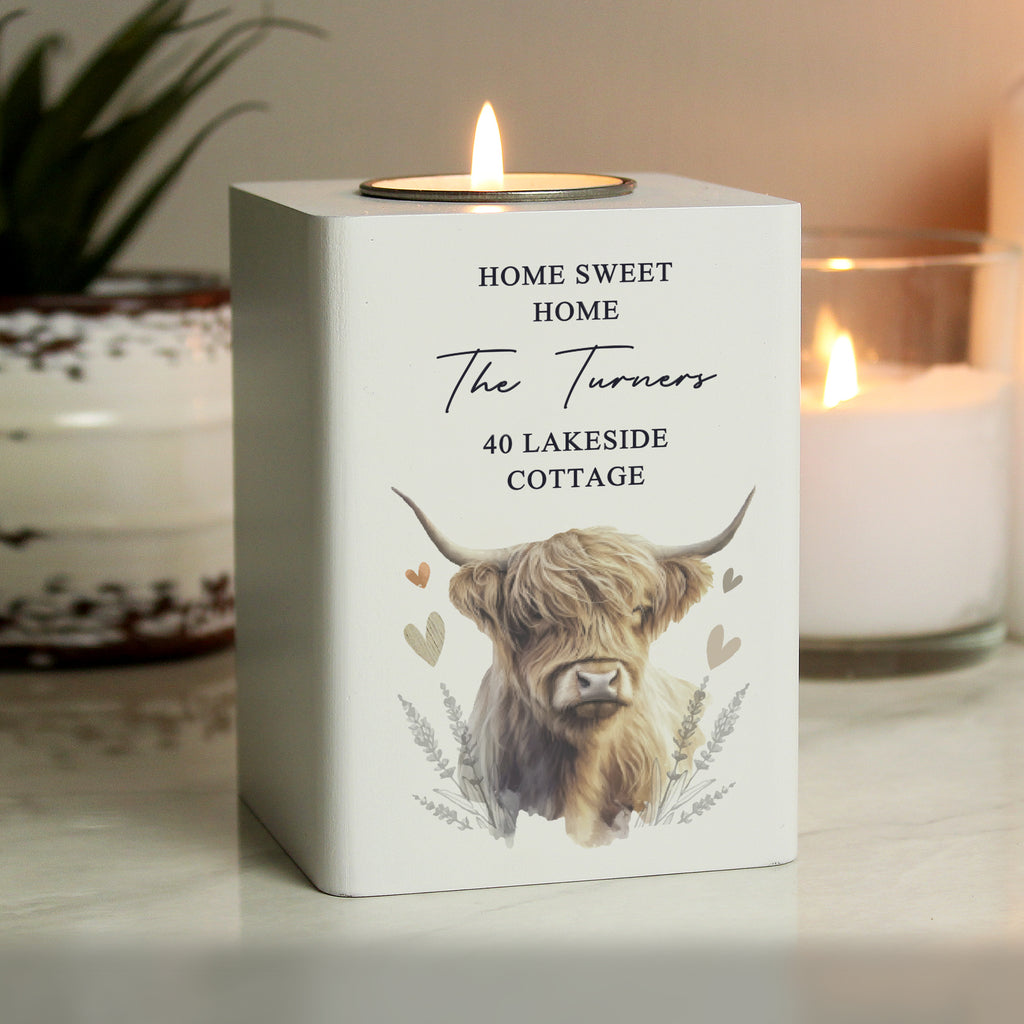 Personalised Highland Cow Wooden Tealight Holder | LED Lights, Candles & Decorations | Inspired Creative Gifts