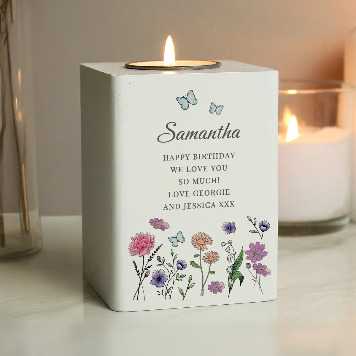 Personalised Wild Flowers Tealight Holder | Candles & Reed Diffusers