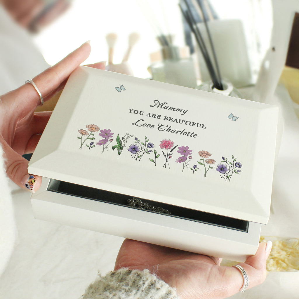 Personalised Wild Flowers Wooden Jewellery Box for Mother's Day