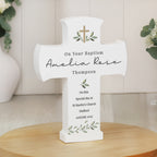 Personalised Botanical Cross Wooden Ornament for Christening