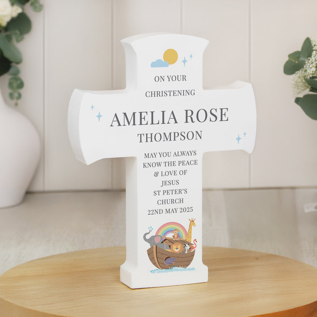 Personalised Noahs Ark Cross Wooden Ornament for Christening