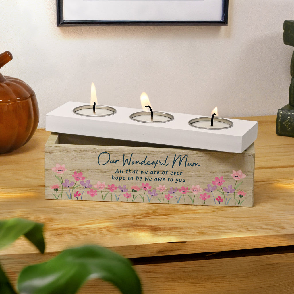 Personalised Floral Wooden Triple Tea Light Box | Candles & Reed Diffusers | Inspired Creative Gifts