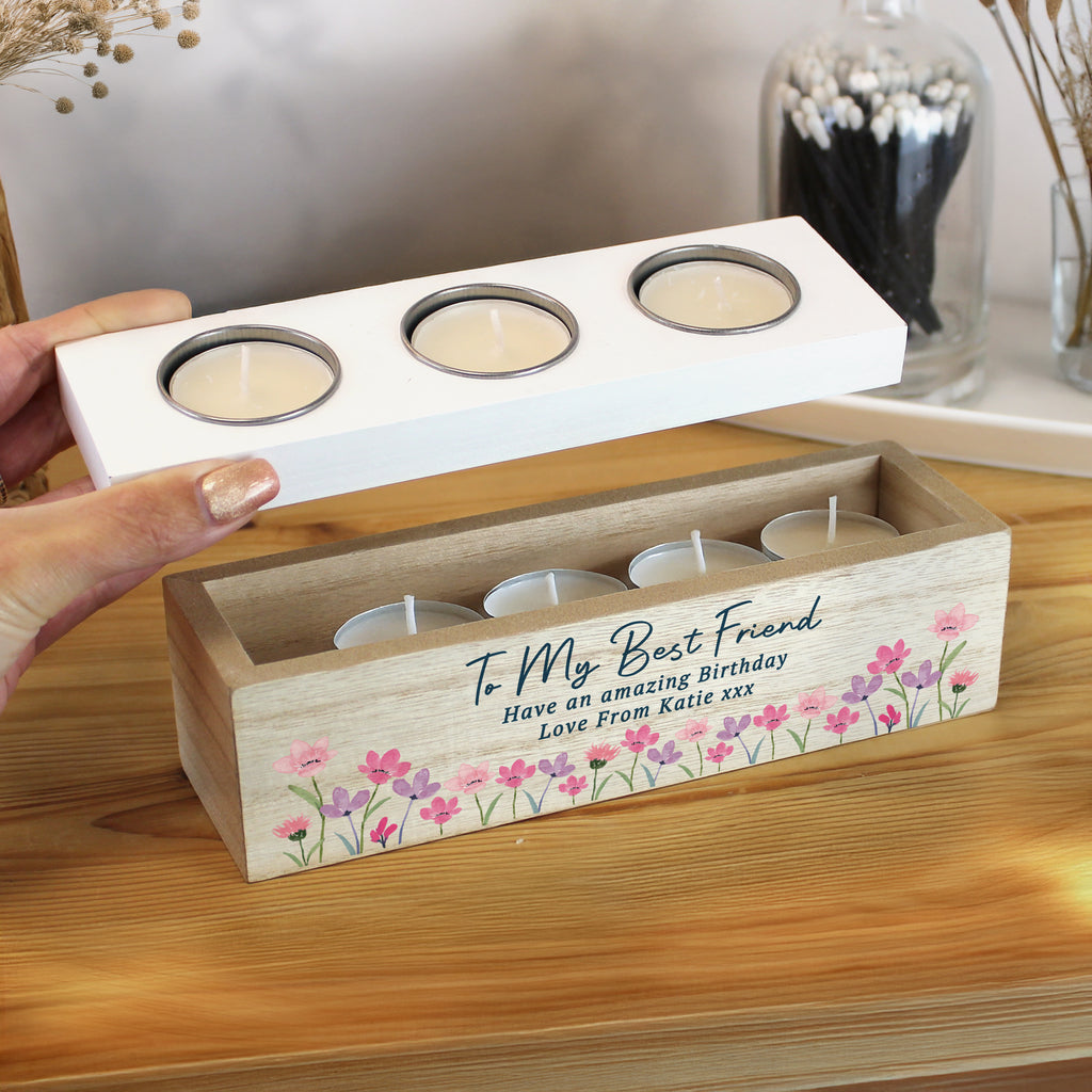Personalised Floral Wooden Triple Tea Light Box | Candles & Reed Diffusers | Inspired Creative Gifts