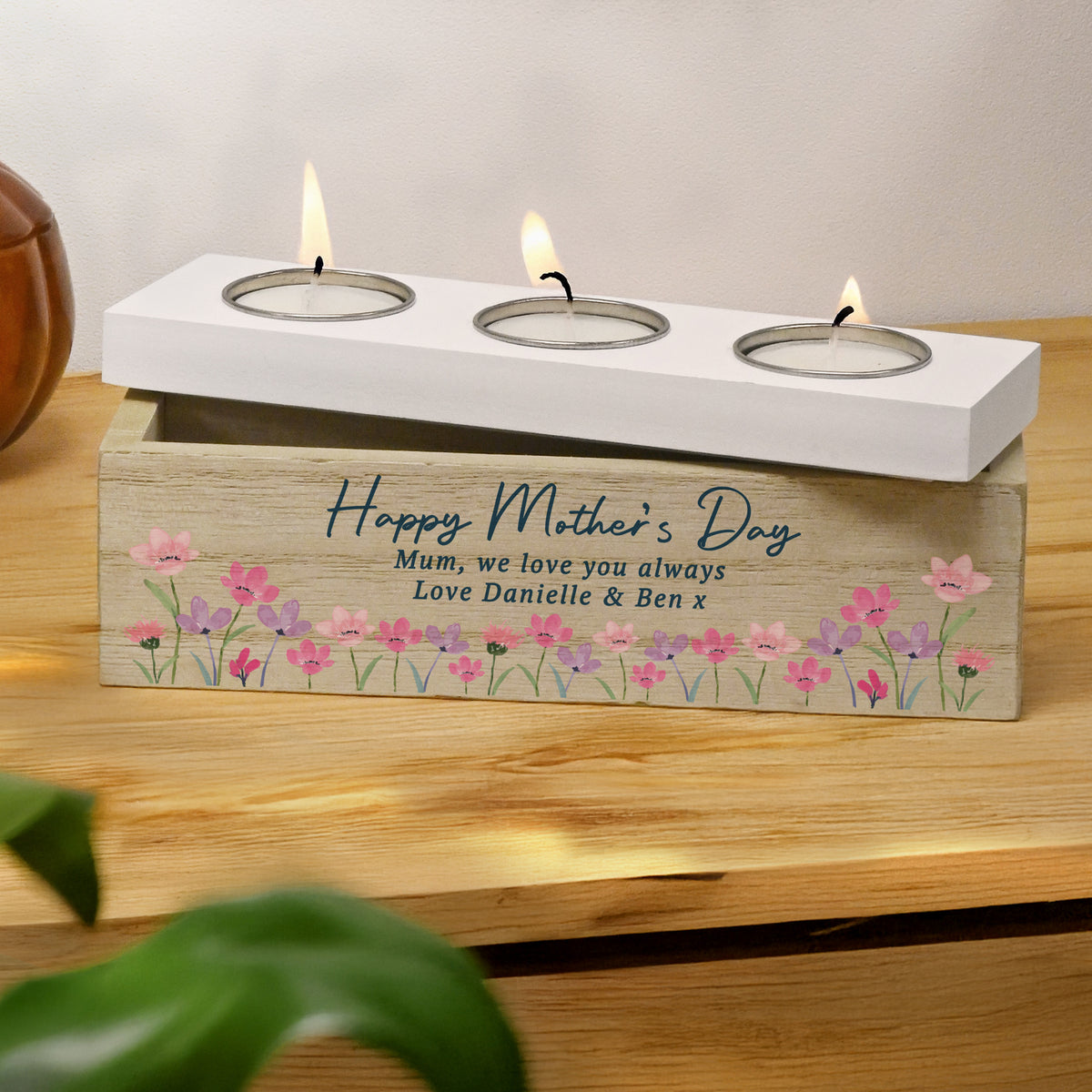 Personalised Floral Wooden Triple Tea Light Box | Candles & Reed Diffusers | Inspired Creative Gifts