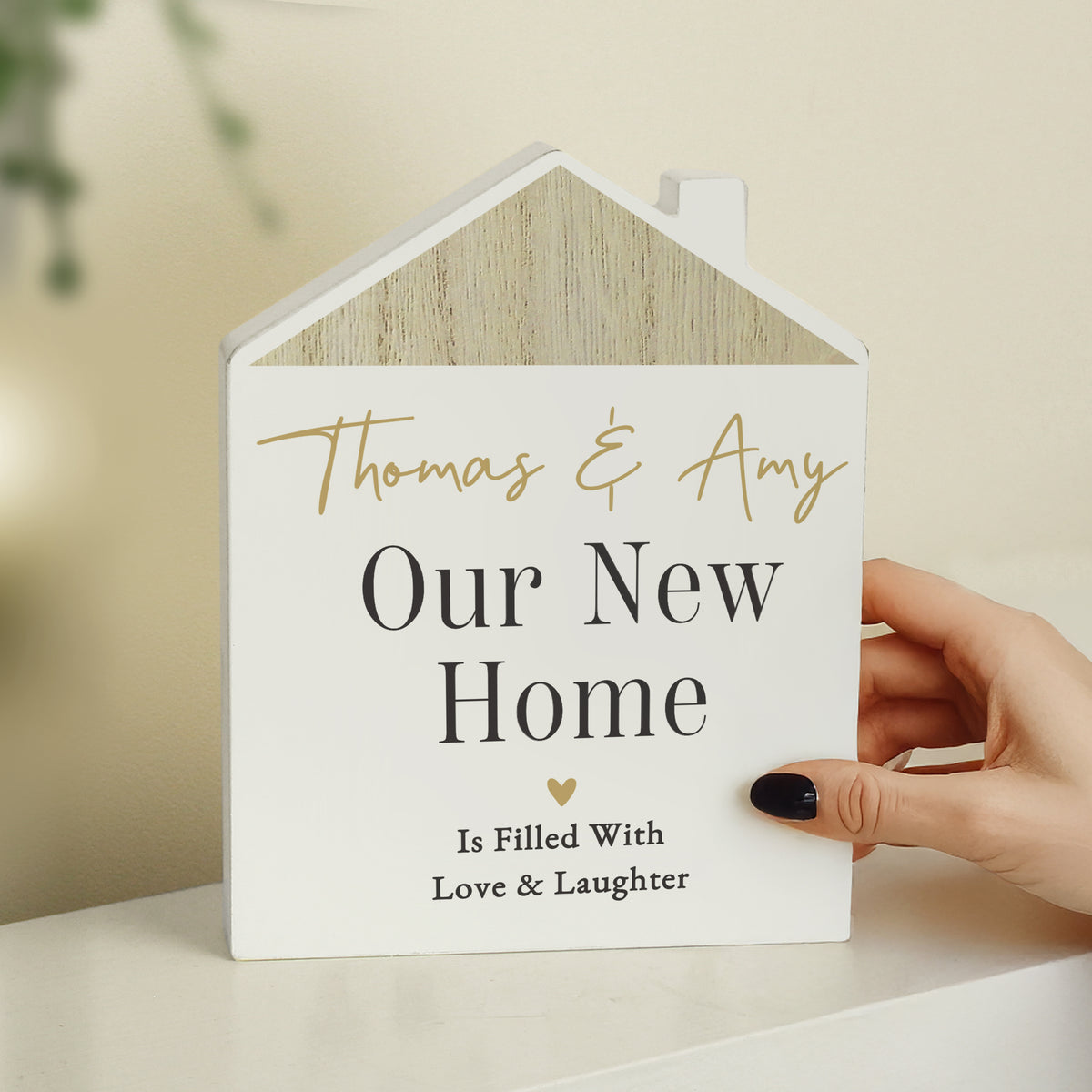Personalised Black & Gold Free Text Wooden House Ornament for Wedding