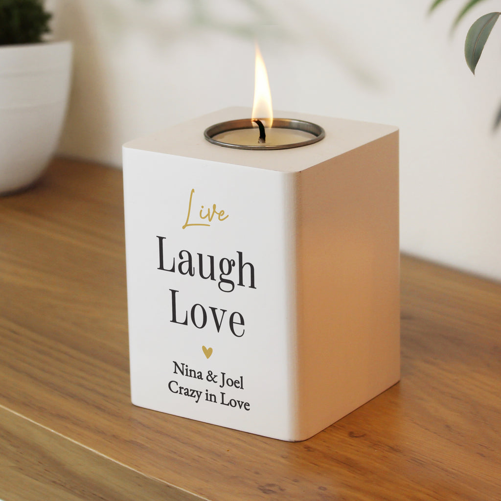 Personalised Black & Gold Free Text White Wooden Tealight | Candles & Reed Diffusers