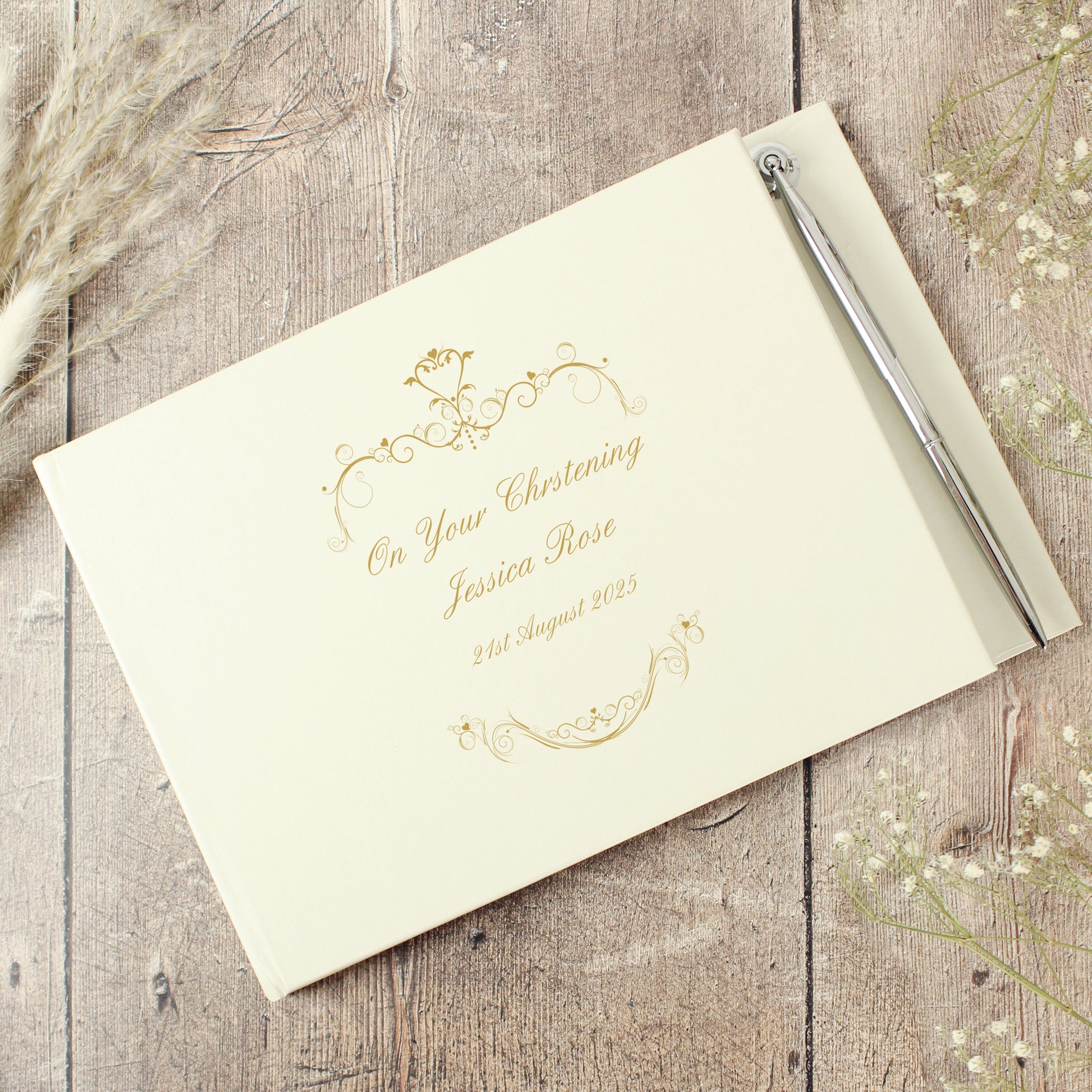 Personalised Gold Ornate Swirl Hardback Guest Book & Pen - Guest Book - Inspired Creative Gifts