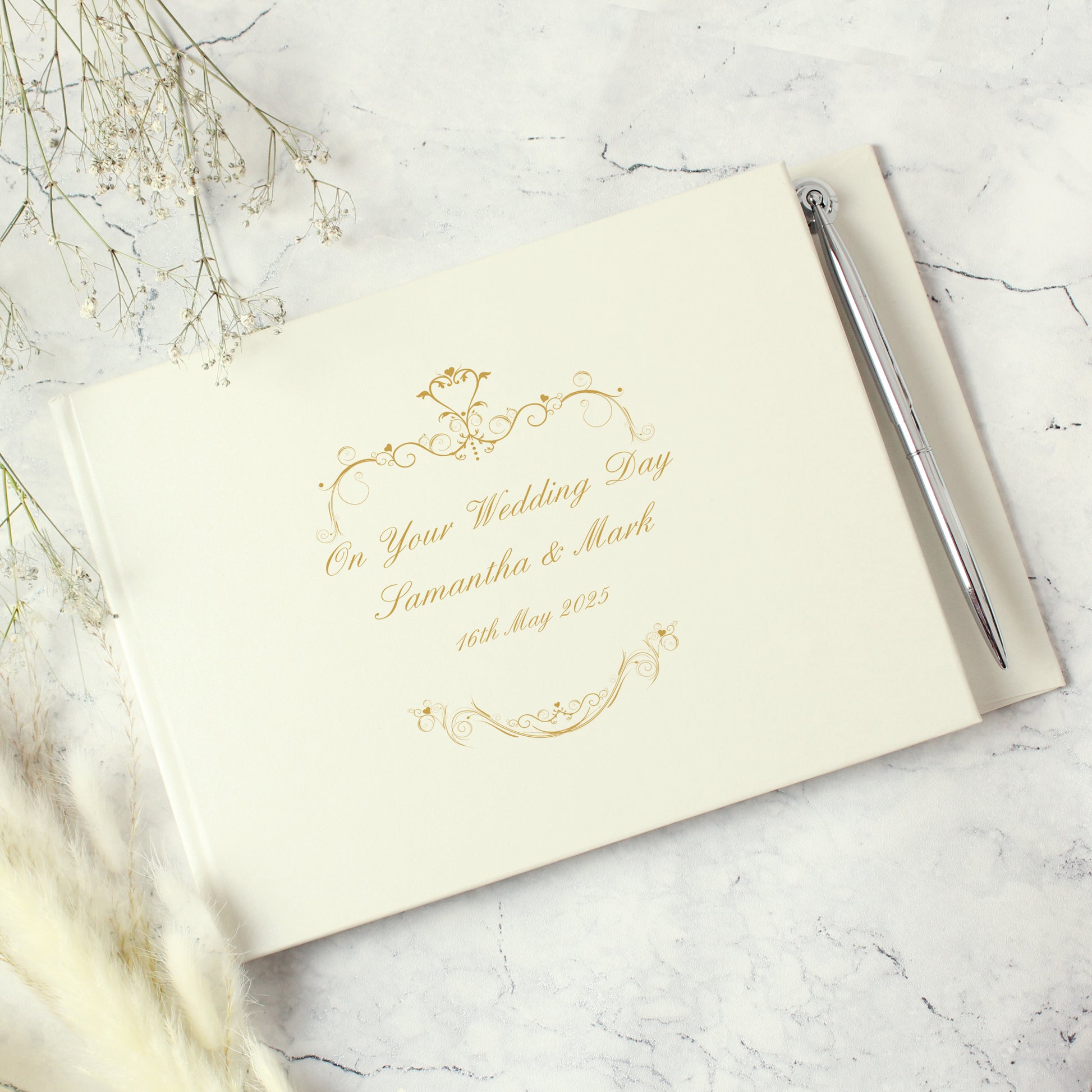 Personalised Gold Ornate Swirl Hardback Guest Book & Pen - Guest Book - Inspired Creative Gifts