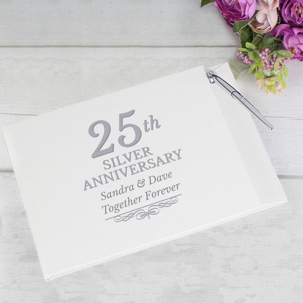 Personalised 25th Silver Anniversary Hardback Guest Book & Pen - Guest Book - Inspired Creative Gifts