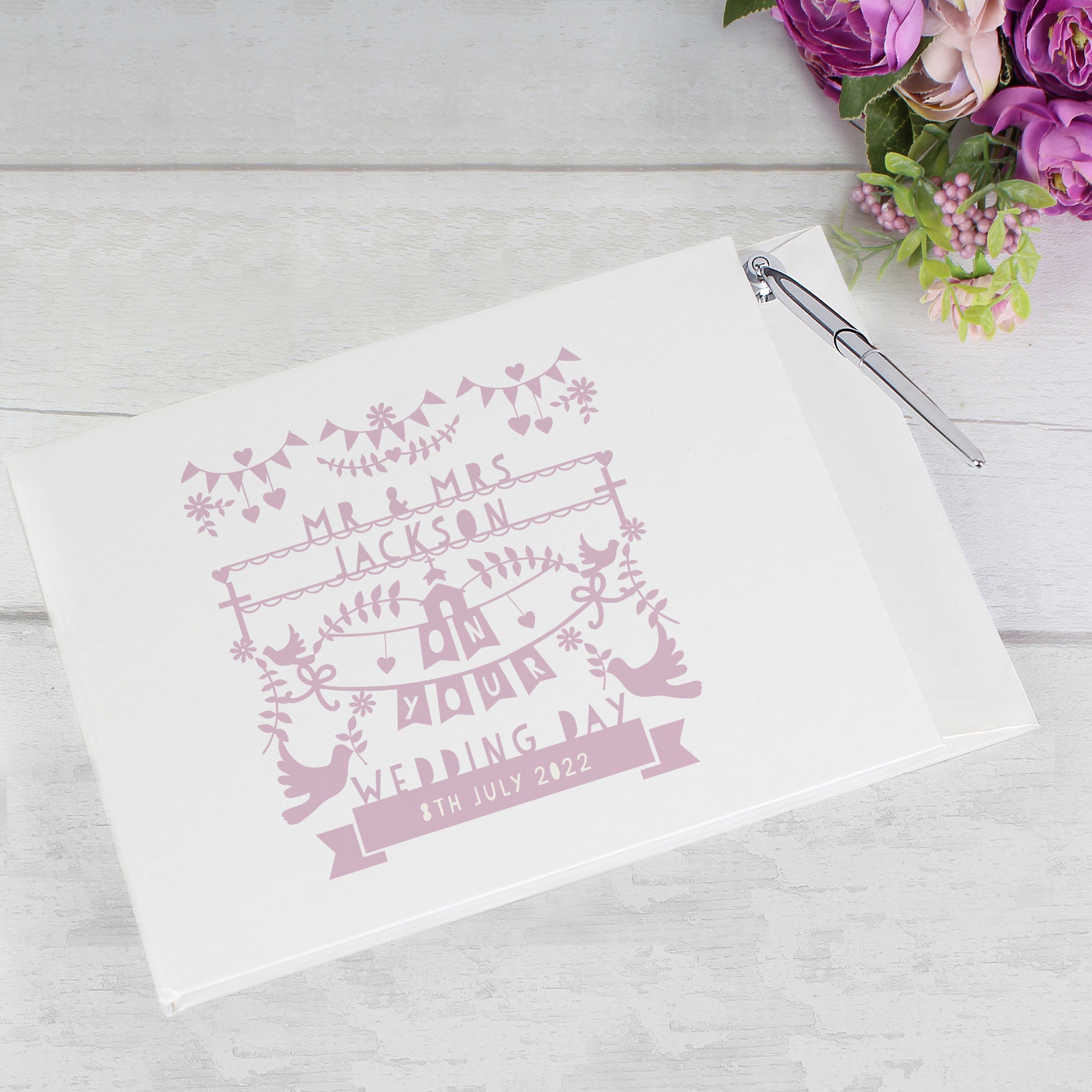 Personalised Pink Papercut Style Hardback Guest Book & Pen - Guest Book - Inspired Creative Gifts