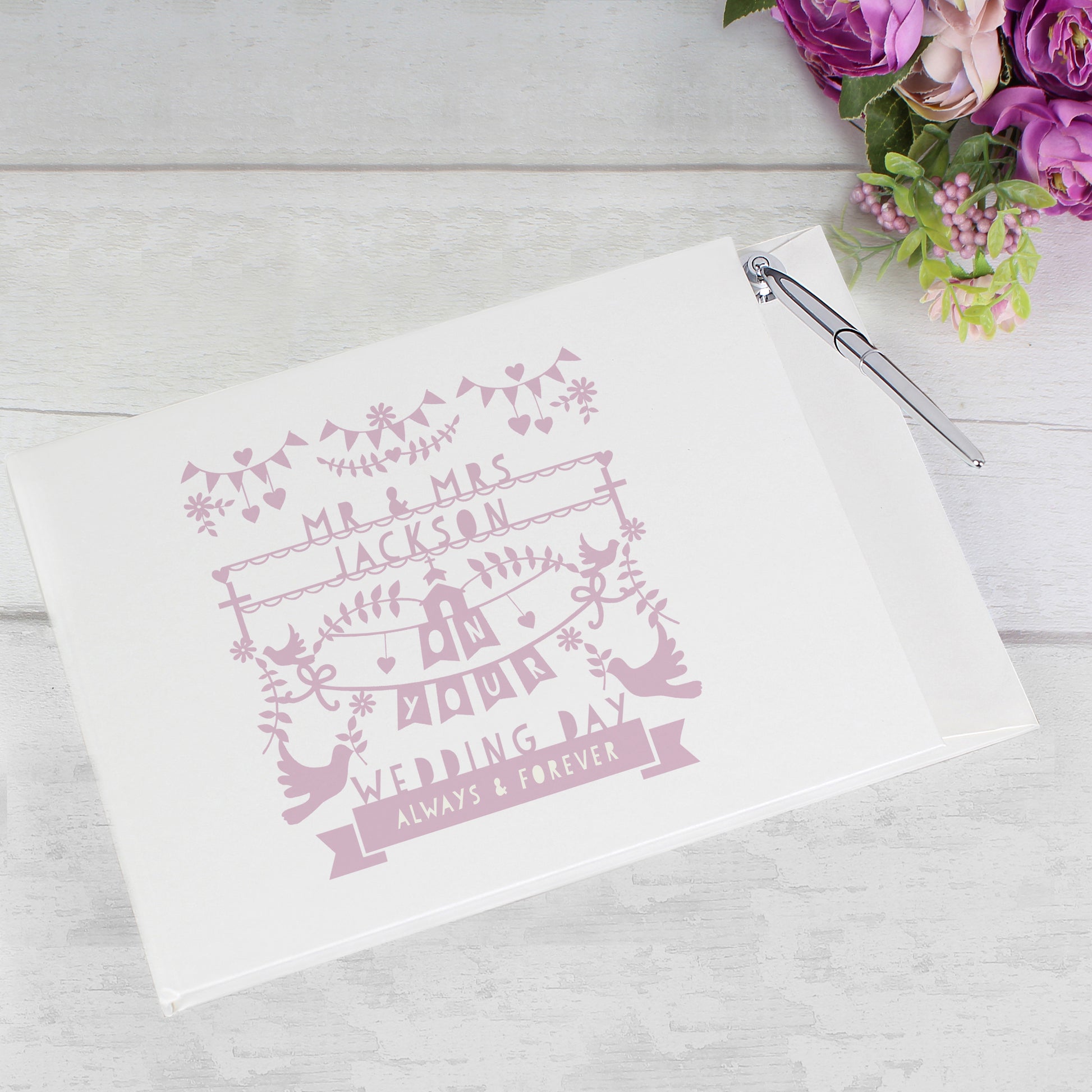 Personalised Pink Papercut Style Hardback Guest Book & Pen - Guest Book - Inspired Creative Gifts