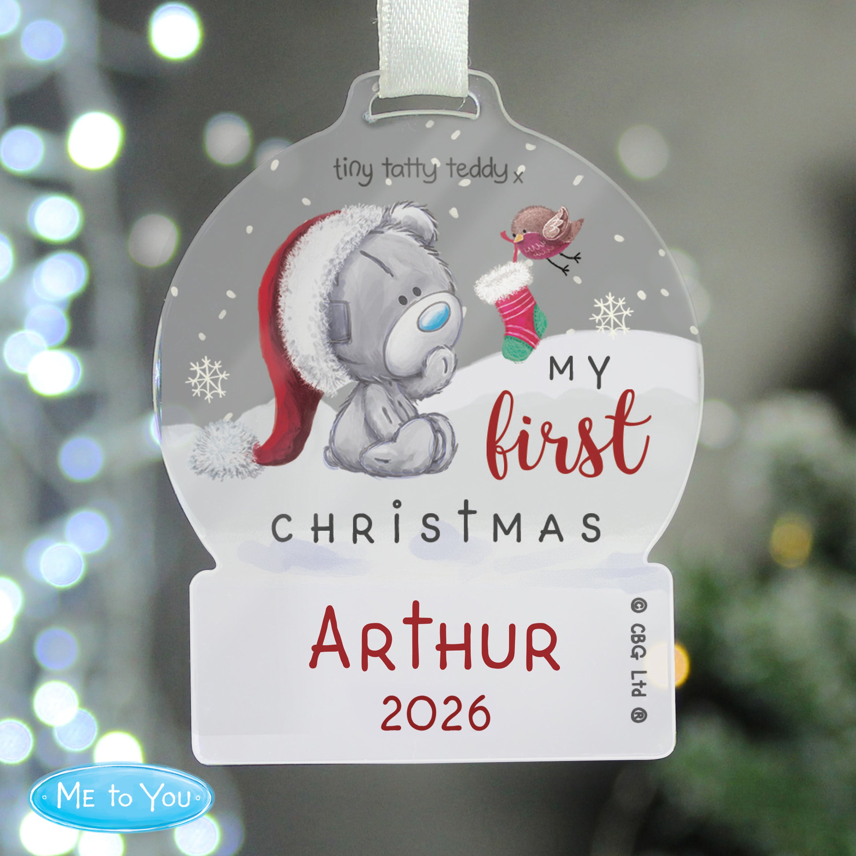 Personalised First Christmas Tiny Tatty Teddy Acrylic Snow Globe Decoration |  | Inspired Creative Gifts