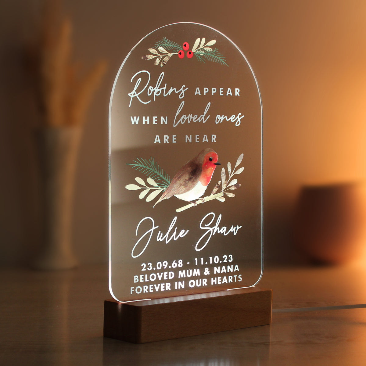 Personalised Robins Appear Wooden Based LED Light | LED Lights, Candles & Decorations