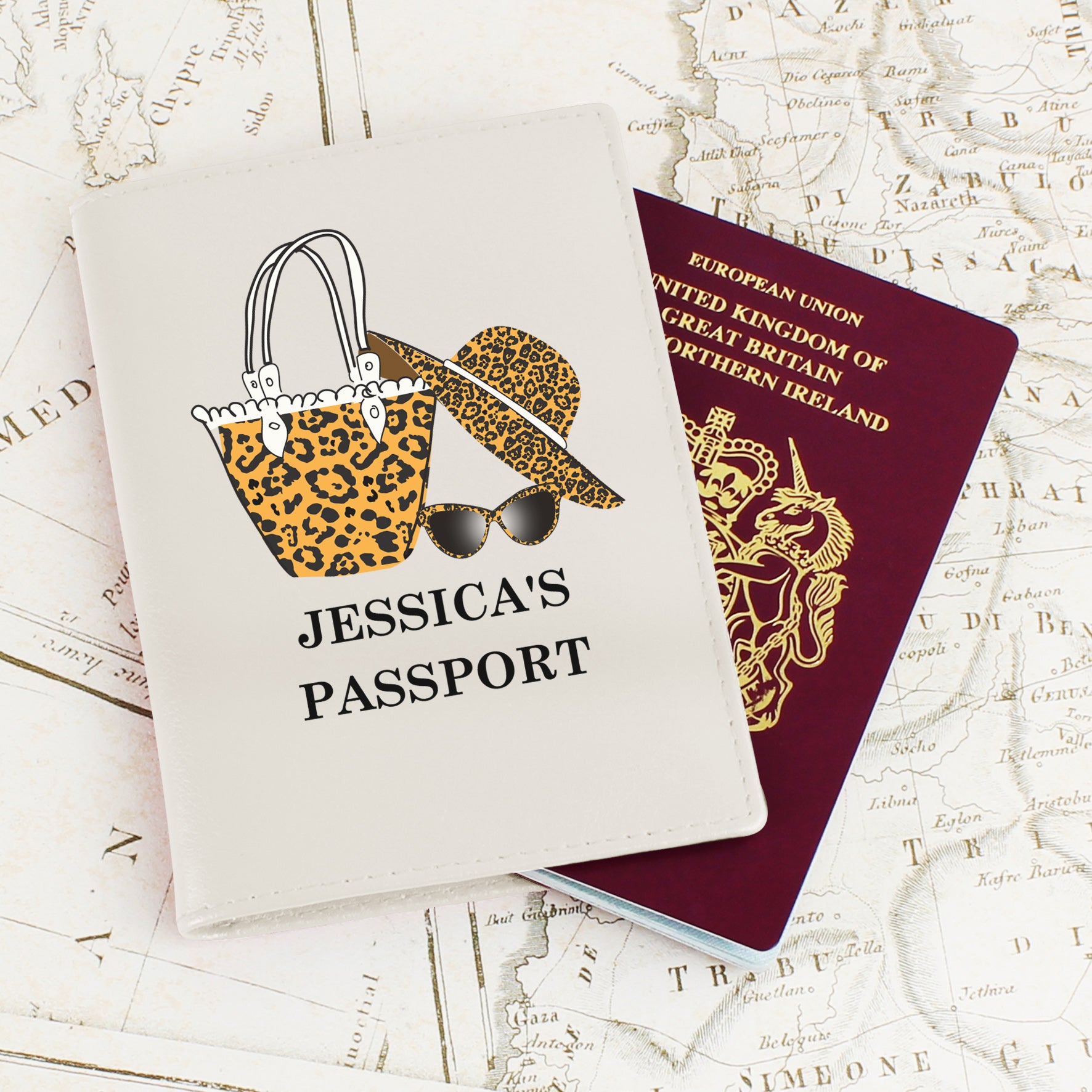 Personalised Leopard Print Cream Passport Holder - Leather & Leatherette - Inspired Creative Gifts