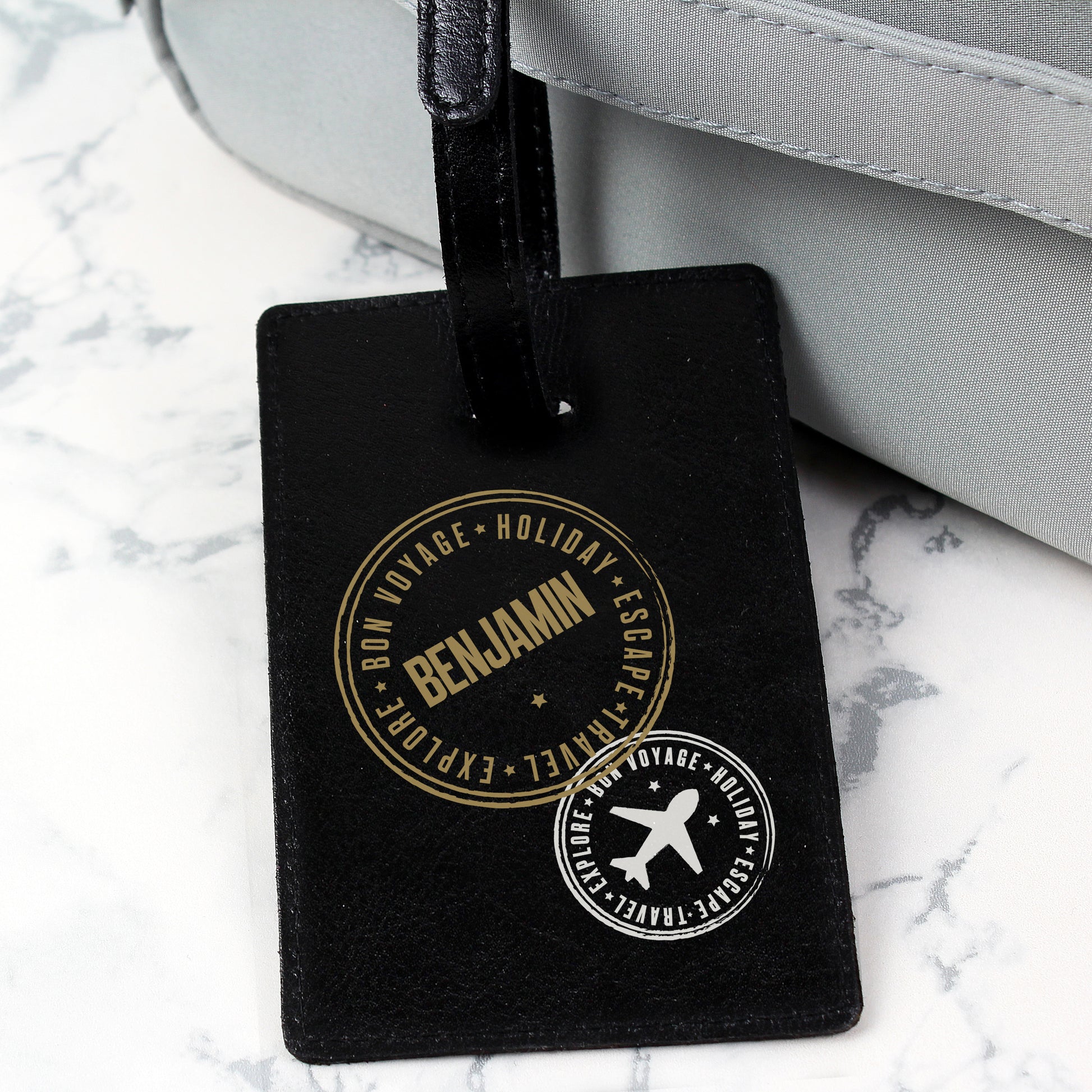 Personalised Stamped Black Luggage Tag - Leather & Leatherette - Inspired Creative Gifts