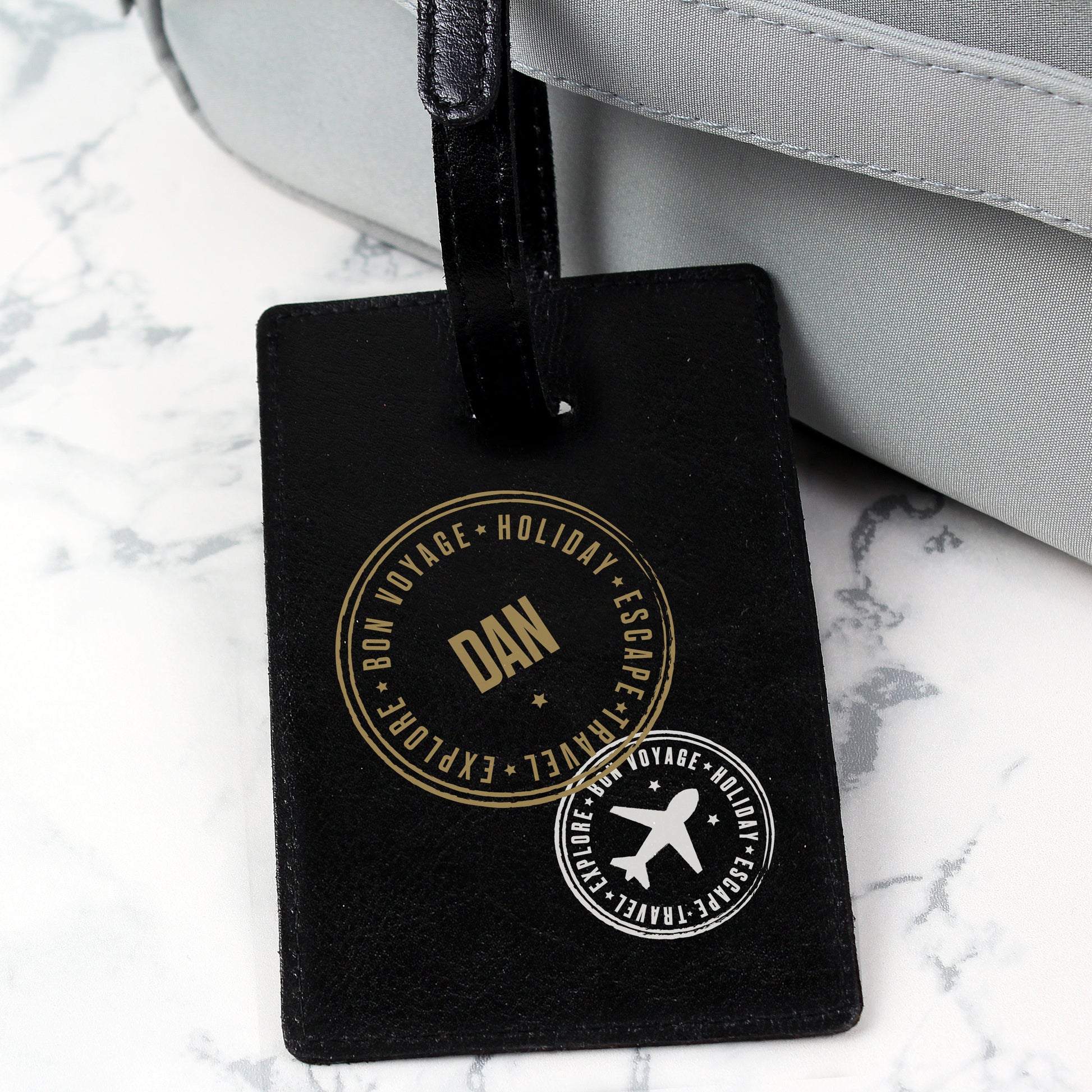 Personalised Stamped Black Luggage Tag - Leather & Leatherette - Inspired Creative Gifts