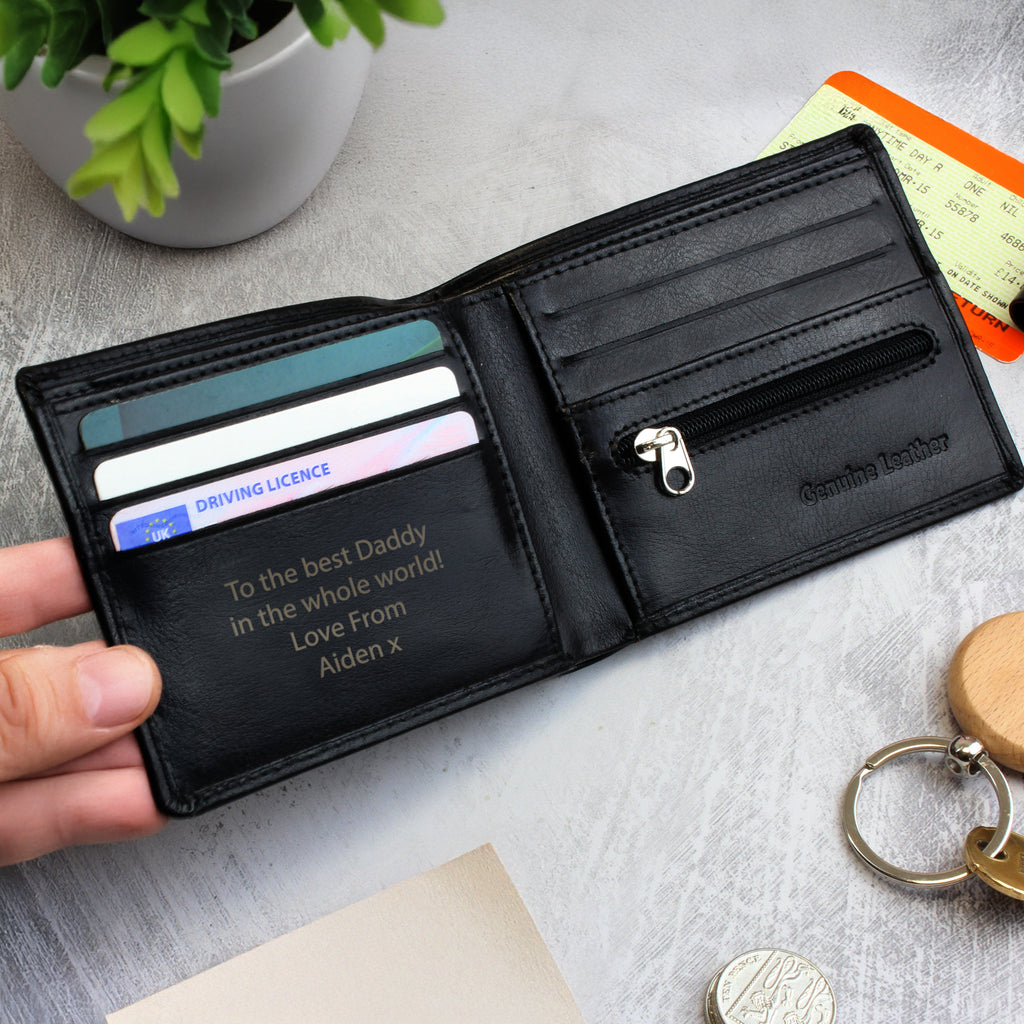 Personalised Free Text Black Leather Wallet | Father's Day Gift
