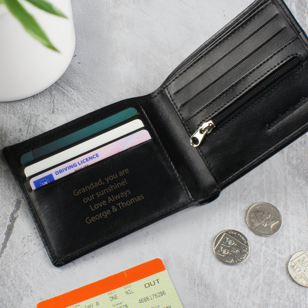 Personalised Free Text Black Leather Wallet | Father's Day Gift