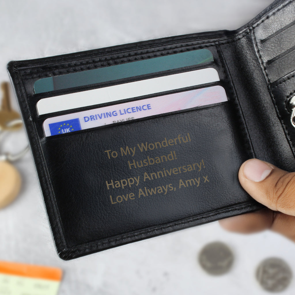 Personalised Free Text Black Leather Wallet | Father's Day Gift