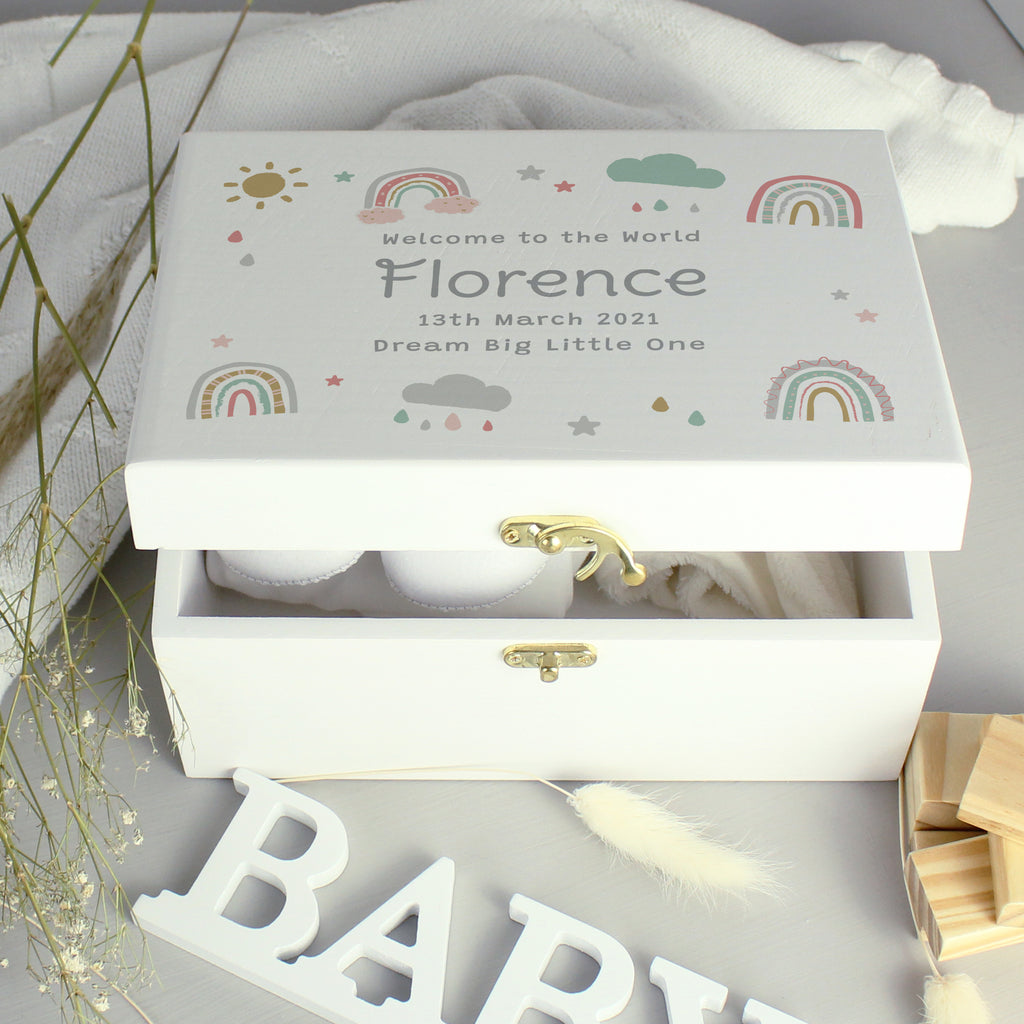 Personalised Rainbow White Wooden Keepsake Box | Storage
