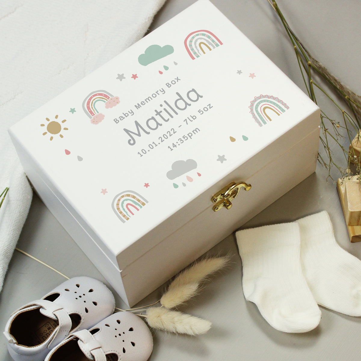 Personalised Rainbow White Wooden Keepsake Box | Storage