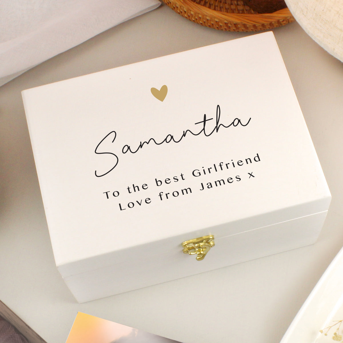 Personalised Gold Heart White Memory Box | Mother's Day Gift