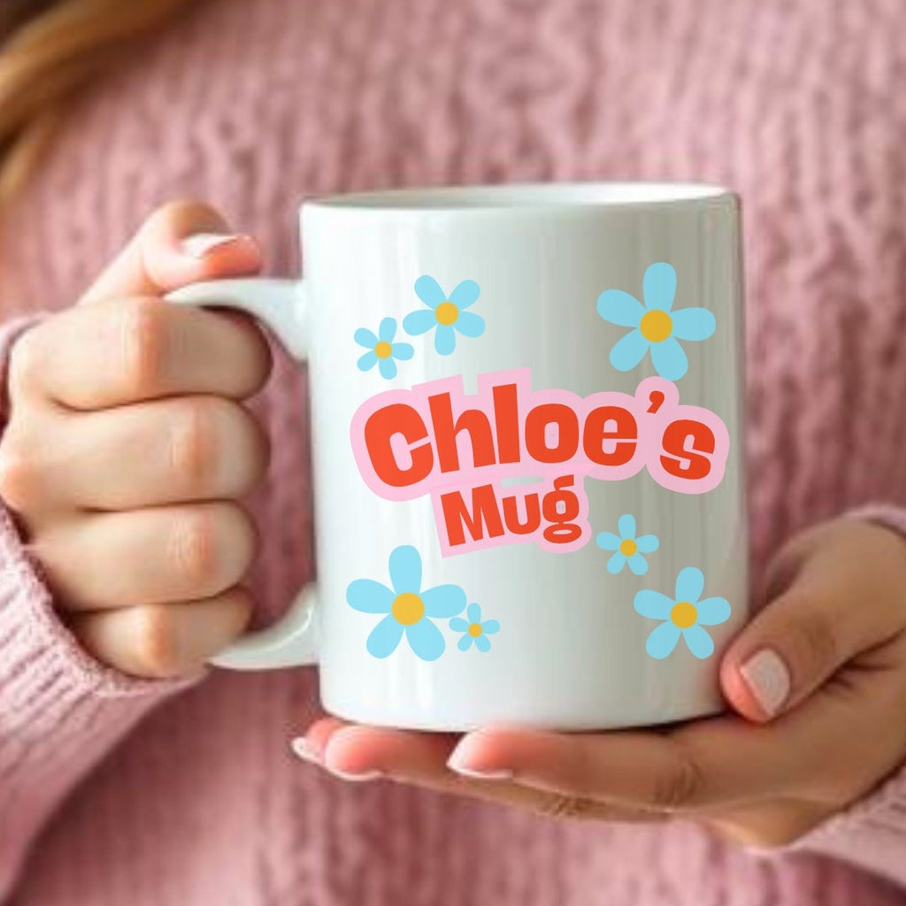Personalised Blue Daisy Name Mug, Candle & Socks Gift Hamper