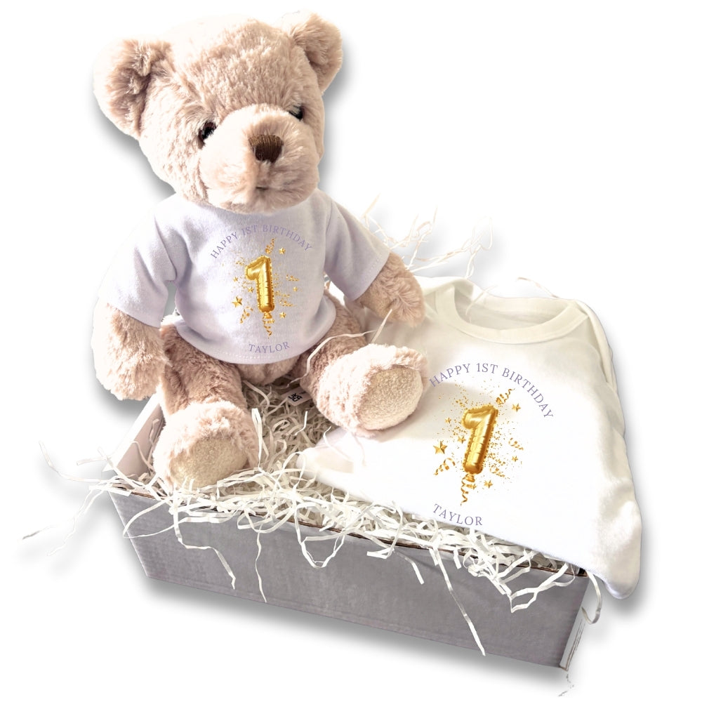 Personalised 1st Birthday Gold Balloon Gift Hamper - Teddy & Baby Vest