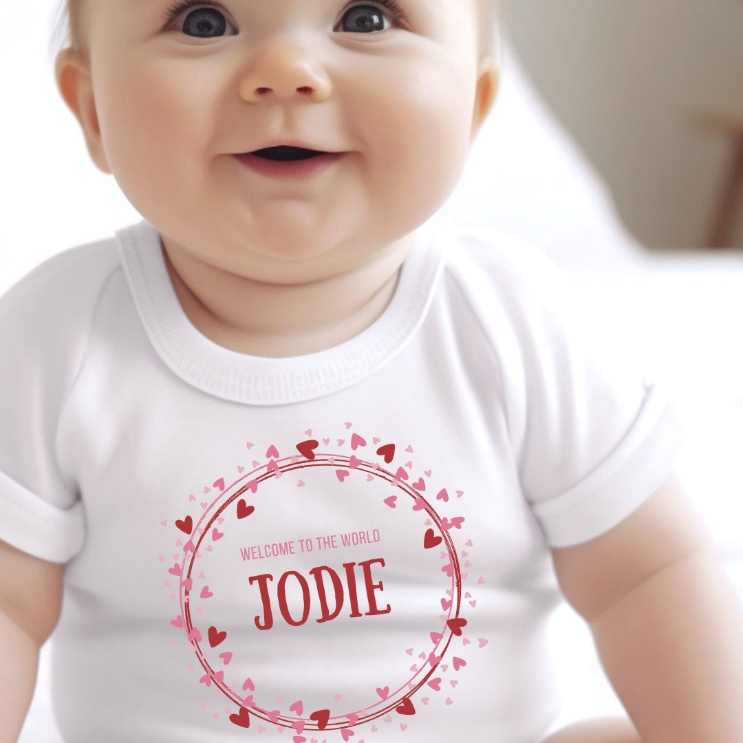 Personalised Pink & Red Hearts Baby Grow, Vest or Bib with Name