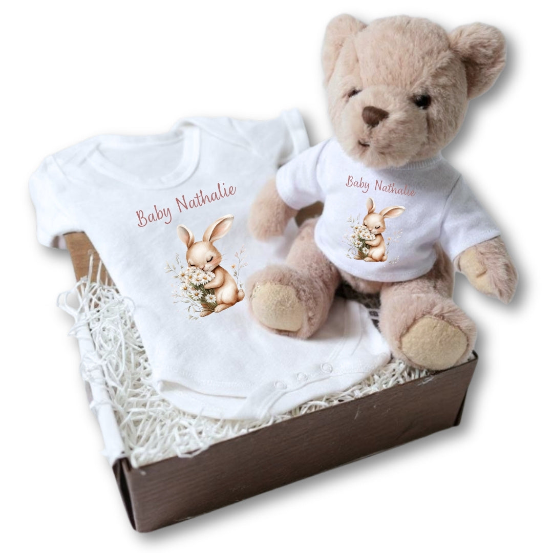Personalised Daisy Bunny Baby Gift Hamper - Teddy & Vest