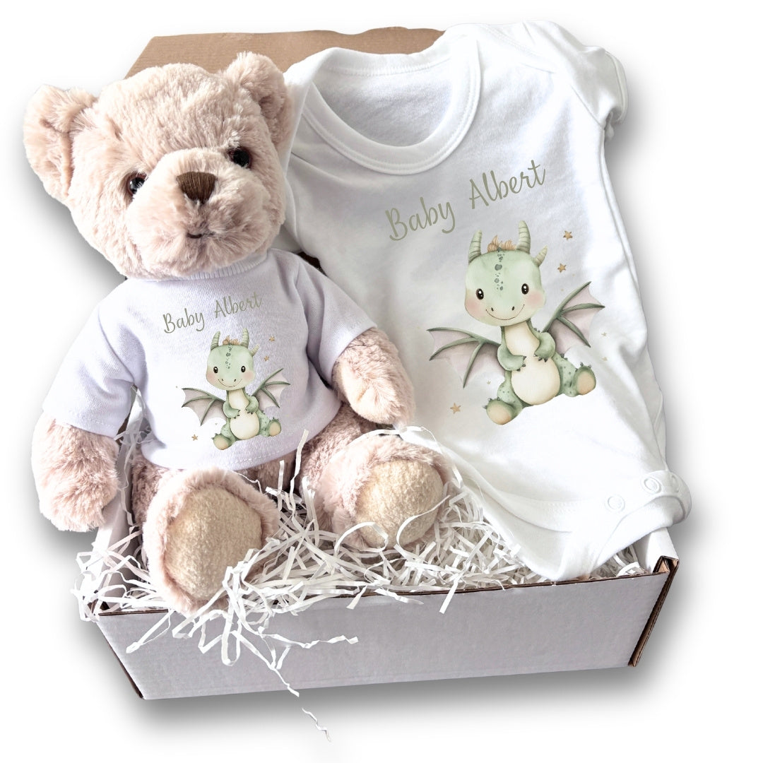 Personalised Little Dinosaur Baby Gift Hamper - Teddy & Vest | Gift Box Baby