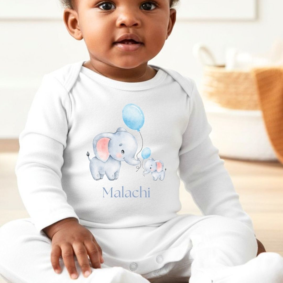 Personalised Little Elephants Baby Grow, Vest or Bib with Name | Baby Gifts
