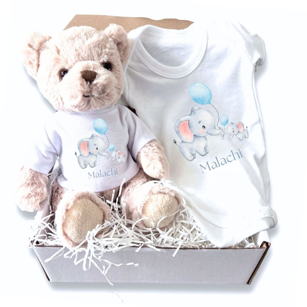 Personalised Little Elephants Baby Gift Hamper - Teddy & Vest | Gift Box Baby | Inspired Creative Gifts