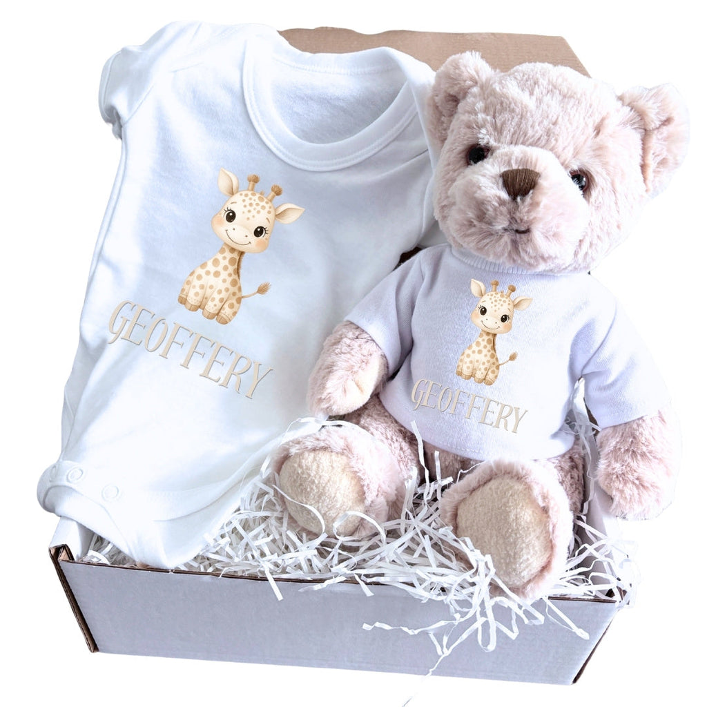 Personalised Little Giraffe Name Baby Gift Hamper - Teddy & Vest | Gift Box Baby | Inspired Creative Gifts