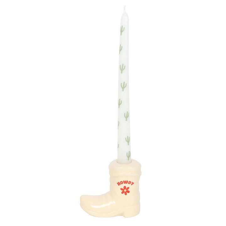 White Cowboy Boot Candle Holder with Taper Candle - Candles - Inspired Creative Gifts