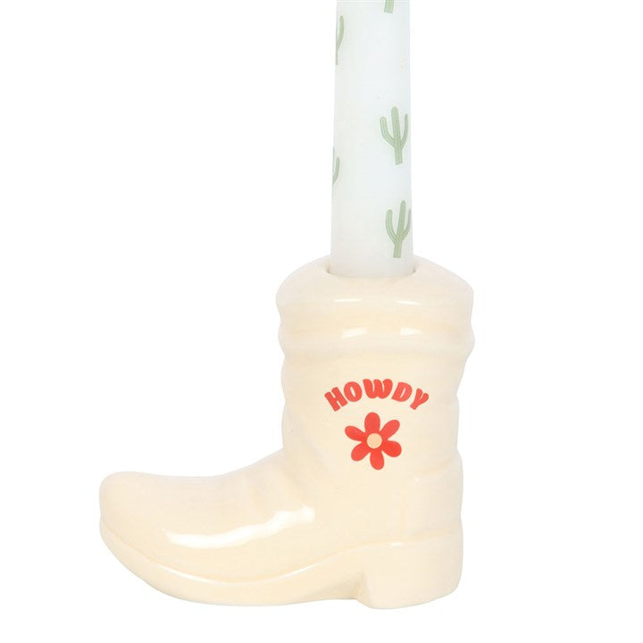 White Cowboy Boot Candle Holder with Taper Candle - Candles - Inspired Creative Gifts