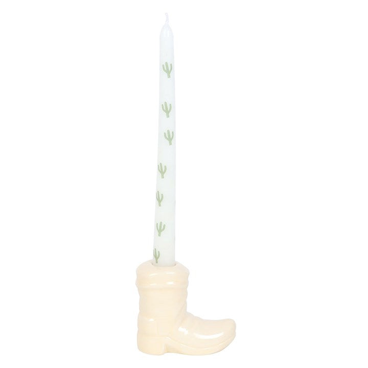 White Cowboy Boot Candle Holder with Taper Candle - Candles - Inspired Creative Gifts