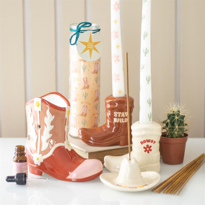 White Cowboy Boot Candle Holder with Taper Candle - Candles - Inspired Creative Gifts